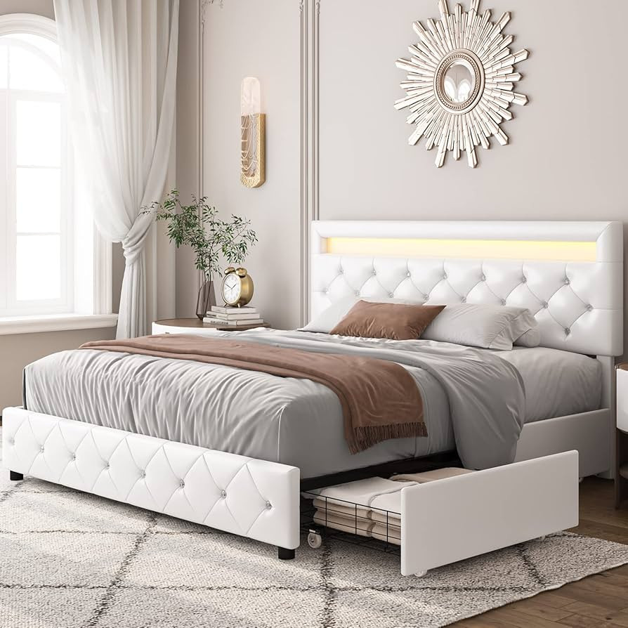 Keyluv Queen Upholstered LED Bed Frame with 4 Storage Drawers and Adjustable Crystal Button Tufte... | Amazon (US)
