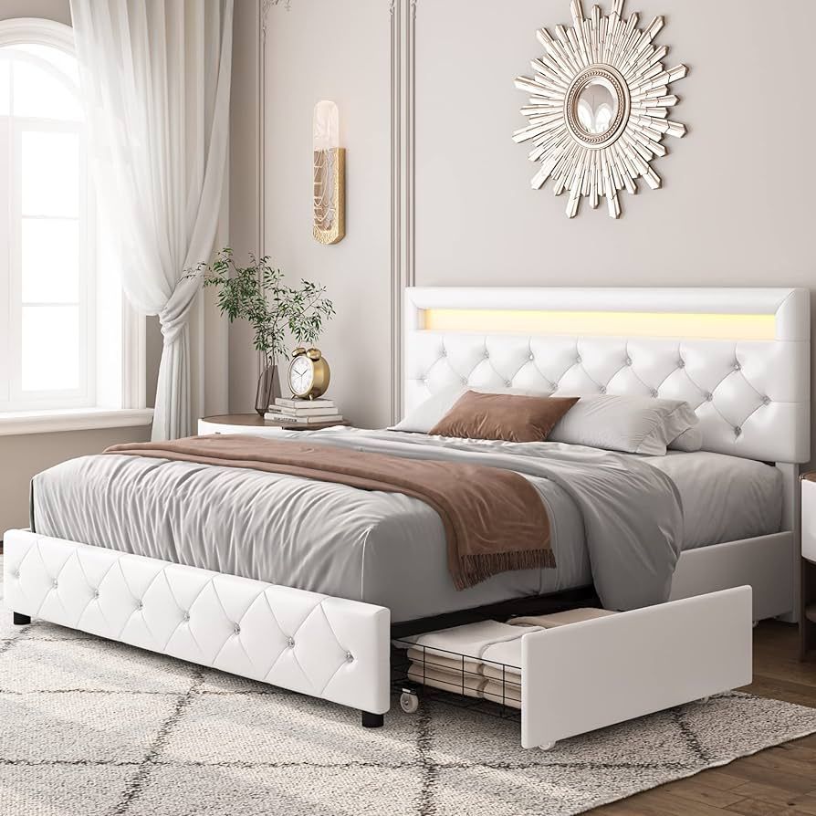 Keyluv Queen Upholstered LED Bed Frame with 4 Storage Drawers and Adjustable Crystal Button Tufte... | Amazon (US)