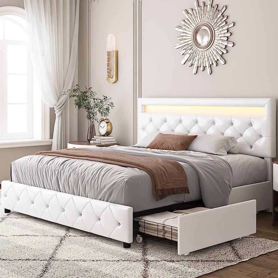 Keyluv Queen Upholstered LED Bed Frame with 4 Storage Drawers and Adjustable Crystal Button Tufte... | Amazon (US)