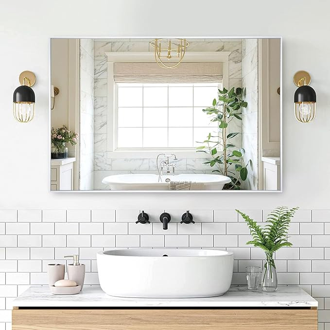 Bathroom Mirror 24x36 Inch Mirror Modern Silver Vanity Mirror Metal Tube Frame Rustproof Wall Mou... | Amazon (US)