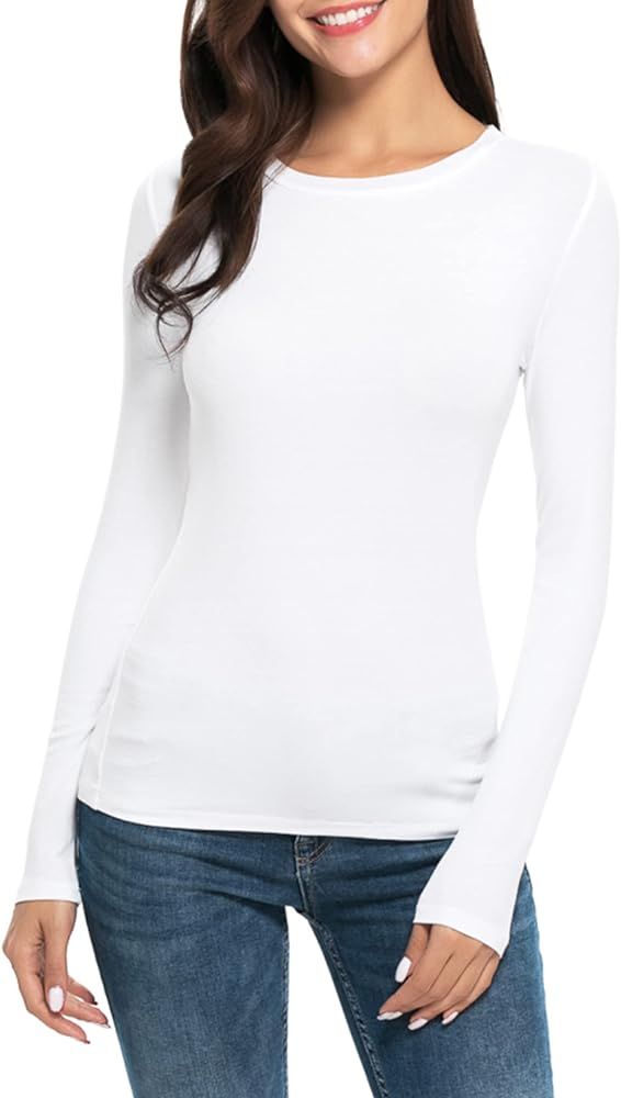Women Long Sleeve Crew Neck/Scoop Neck Rayon Slim Fit Stretchy Layer T Shirts Tops | Amazon (US)