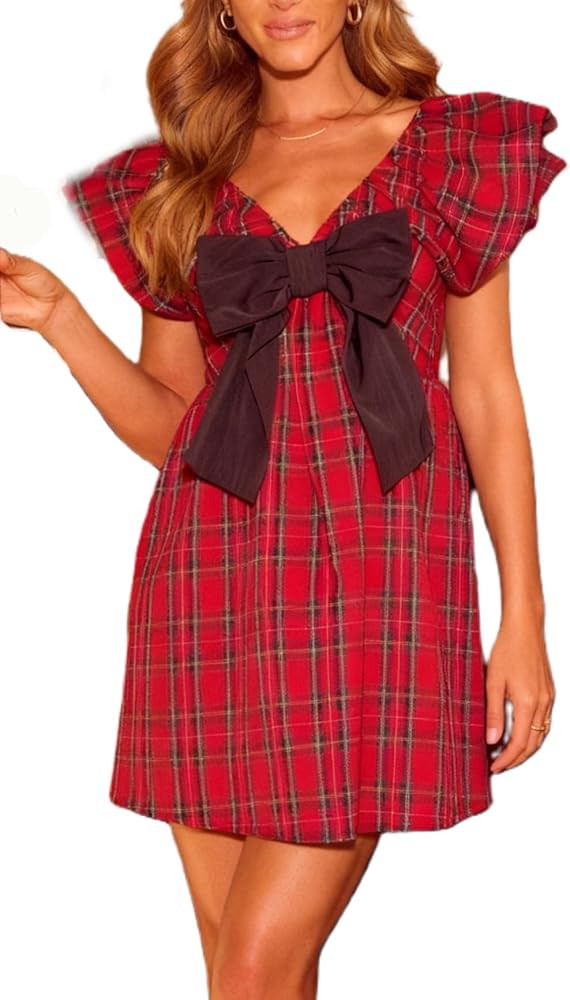 Women's Bow Mini Dress Deep V Neck Short Puff Sleeve Babydoll Dress Romantic Holiday Bowknot Casu... | Amazon (US)