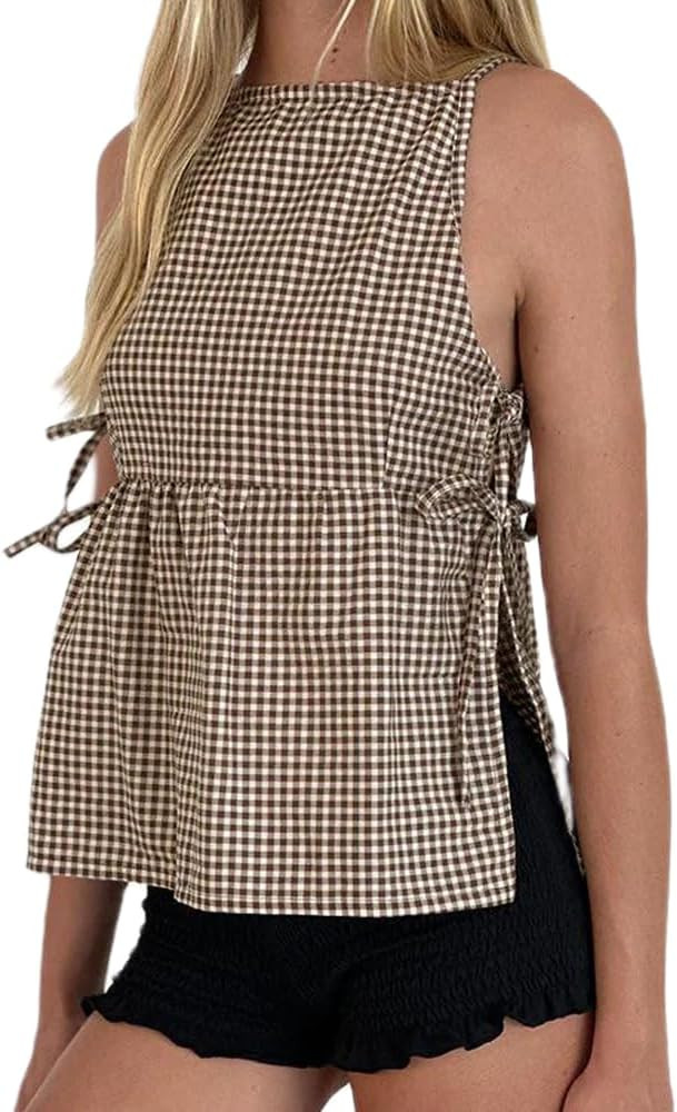 Women Y2K Gingham Tank Top Coquette Spaghetti Strap Side Tie-up Peplum Camisole Summer Going Out ... | Amazon (US)