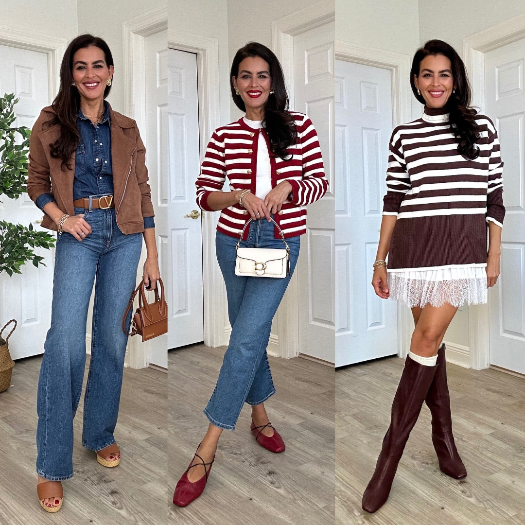 All sizing and details👖🧥👇🏼
Outfit with jeans:
•Wearing a size 25 x 34 in the wide leg jeans.
• size M in the denim shirt for an oversize look.
• Valentino is one 7 inches wide and wearing a 5 cm in length.
Wearing a size 9.5 in shoes TTS

Outfit with cardigan :
•Cardigan in size s. 
•Levi’s Ribcage strait jeans in size 26
•shoes are tts. Wearing 9.5
Skirt outfit:
Sweater in size M.
Skirt slip in size s.
Boots tts. 



#LTKHoliday #LTKSaleAlert #LTKSeasonal