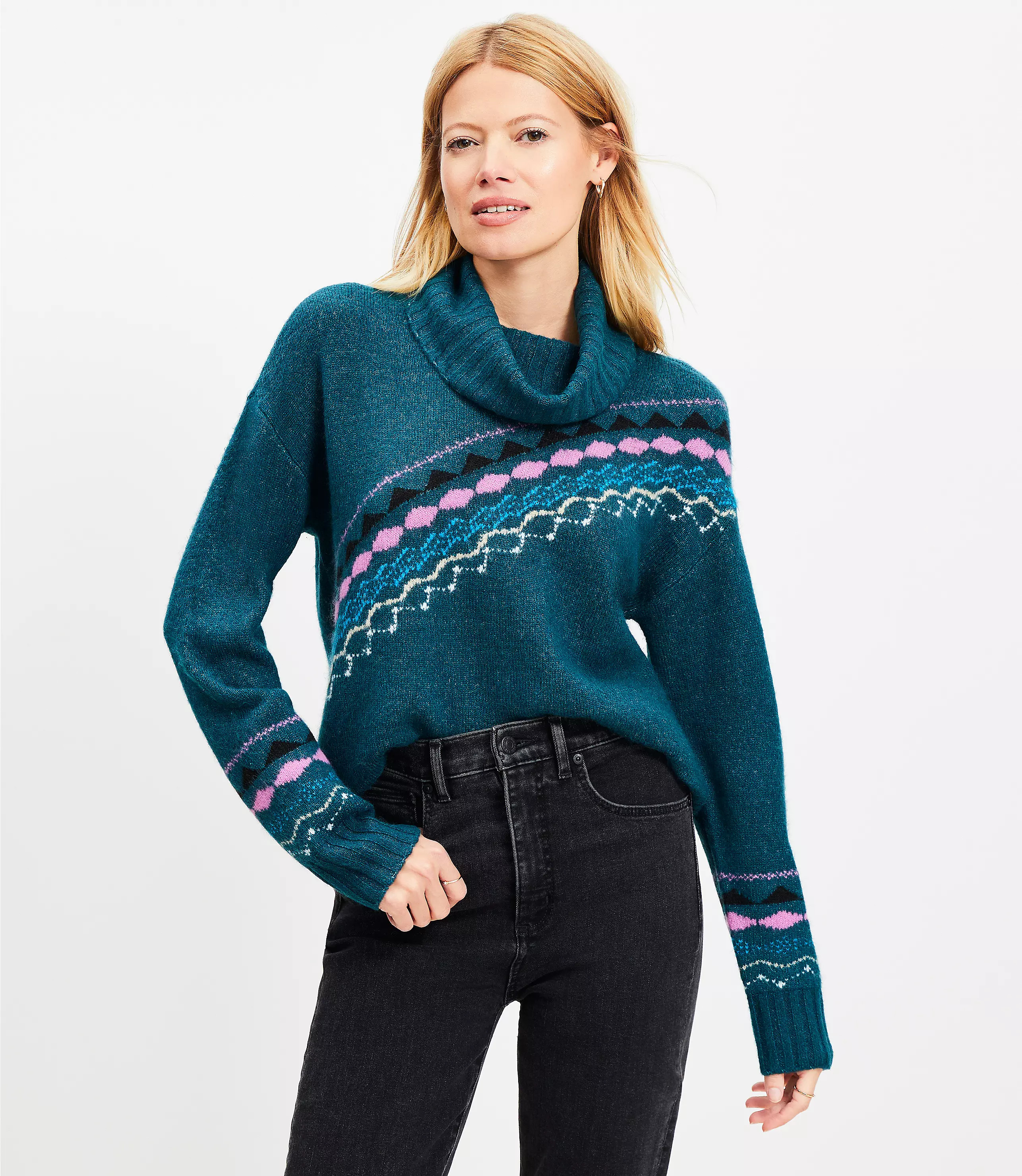 Diagonal Fair Isle Cowl Neck Sweater | LOFT