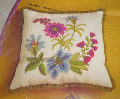 FLORAL SWIRL 14" Pillow / Cushion Cover Crewel Embroidery Kit Vintage | eBay US