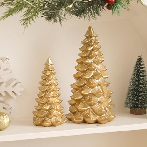 NEWLIGHTURE Gold Christmas Tree Figurines Set of 2, Resin Golden Tabletop Christmas Trees, Brass Gold Christmas Decor for Mantel, Shelf, or Tabletop Display, Christmas Holiday Decoration | Amazon (US)