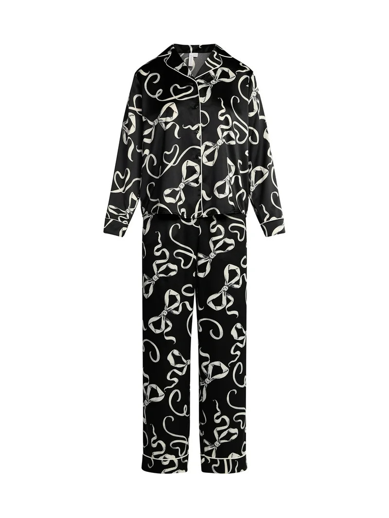 Joyspun Women’s Stretch Satin Notch Long Sleeve Top and Pants Pajama Set, 2-Piece, Sizes XS-3X ... | Walmart (US)