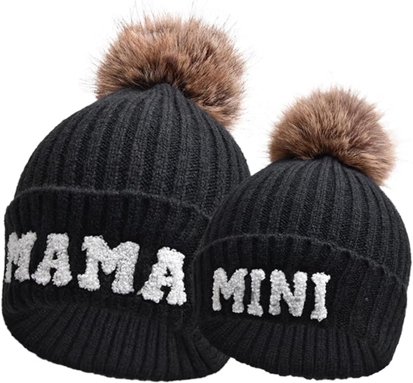 2PCS Parent-Child Beanie Hat Mama and Mini Embroidery Knitted Hat Winter Warm Cuffed Ski Cap with... | Amazon (US)