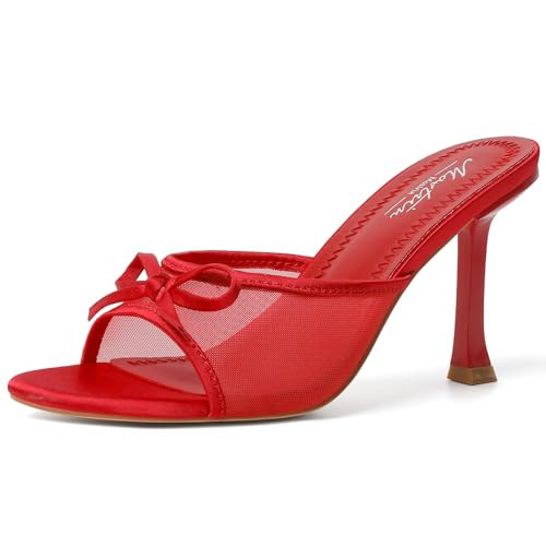 Mostrin Red Mesh Mesh Mules Heels with Bow Open Round Toe Stiletto High Heels for Women Dress Slip On Backless Heeled Sandals for Party Holiday Size 11 | Amazon (US)