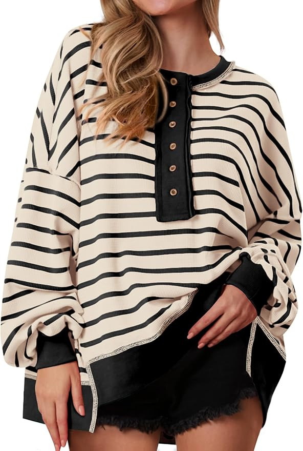 PRETTYGARDEN Womens Fall 2024 Striped Oversized Sweatshirt Long Sleeve Button Up Henley Neck Waff... | Amazon (US)