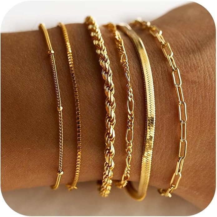 DEARMAY Gold Bracelets for Women Waterproof, 14K Real Gold Jewelry Sets Trendy Thin Dainty Stacka... | Amazon (US)