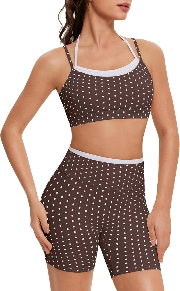 OMKAGI Workout Sets for Women Cute Doubel Layer Open Back Sports Bras Gym Shorts Outfits | Amazon (US)