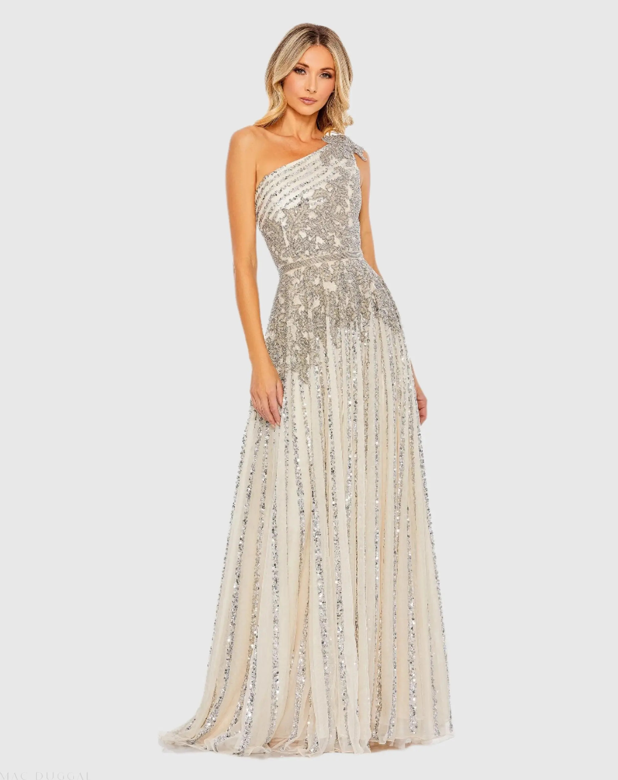 Silver Beaded Embellished One Shoulder A Line Gown - Mac Duggal | Mac Duggal