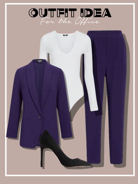 Outfit idea for the office ON SALE white bodysuit purple matching suit blazer and pants  black pumps  00p or 00 Xs and xxsp coat 