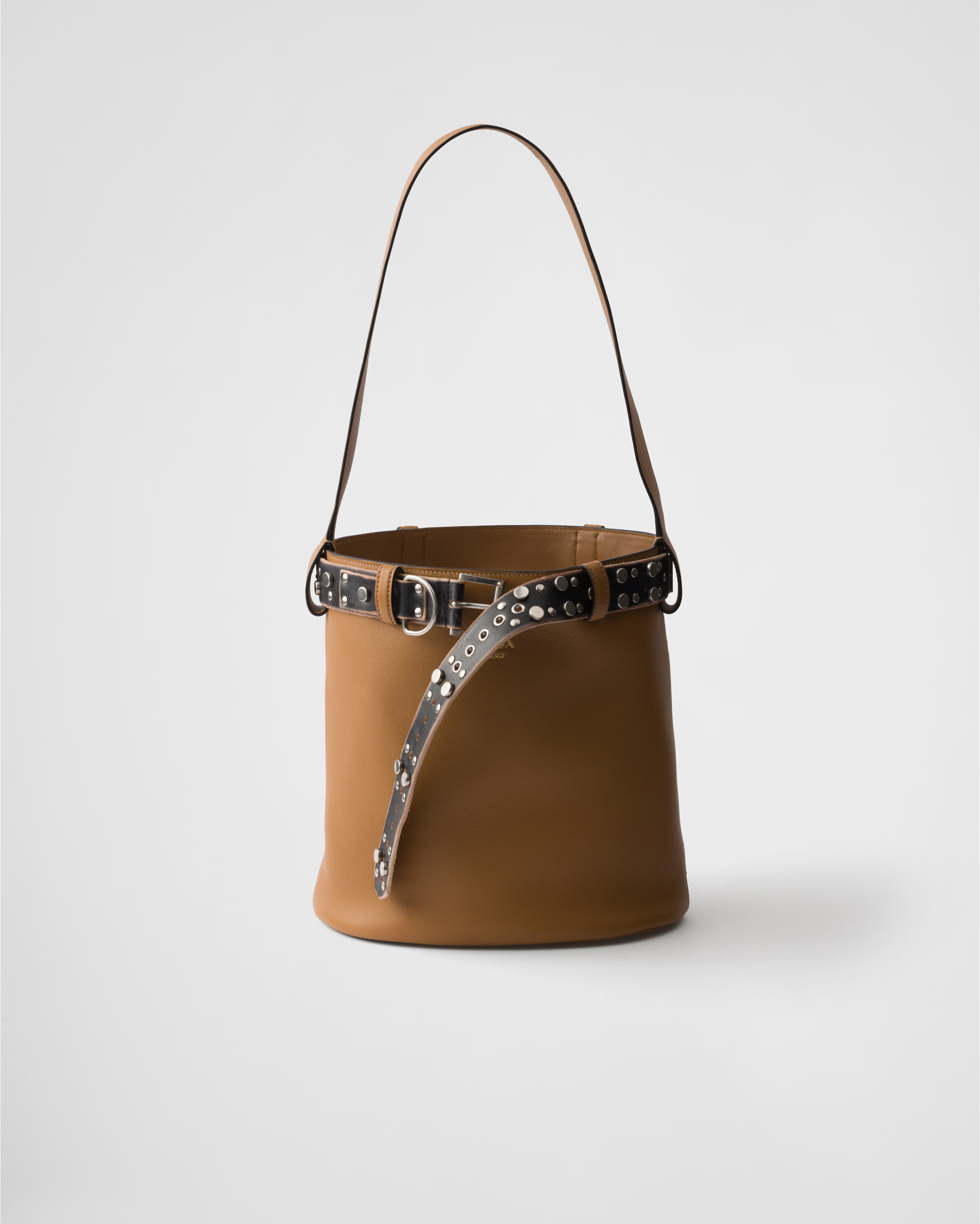 Prada Buckle leather bucket bag with studded belt | Prada US