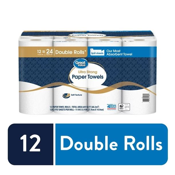 Great Value Ultra Strong Paper Towels, Split Sheets, 12 Double Rolls - Walmart.com | Walmart (US)
