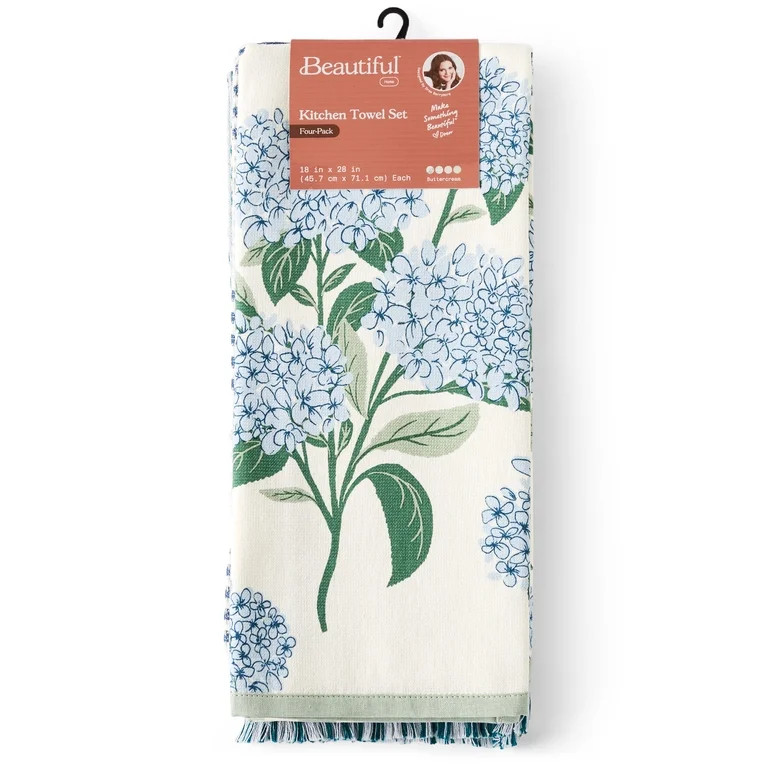 Beautiful Home by Drew Barrymore Floral Trellis Kitchen Towel Set, 4 Piece, Blue, 18" x 28" | Walmart (US)
