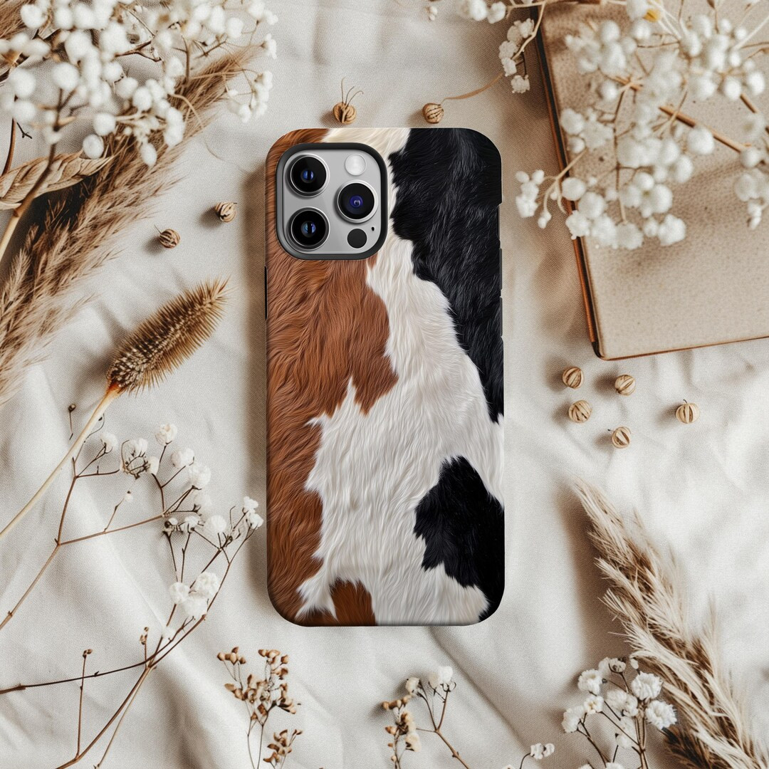 Cowhide Phone Cover Black Brown White Animal Pattern Cow Art Case for iPhone 17 16 15 14 13 12 Pr... | Etsy (US)