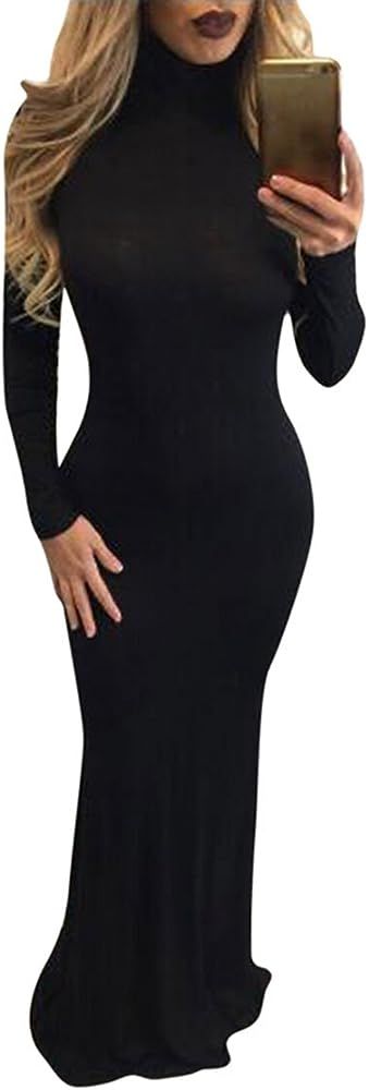 Meenew Women's Solid Long Sleeve Gown Elegant Turtleneck Bodycon Long Maxi Dress | Amazon (US)