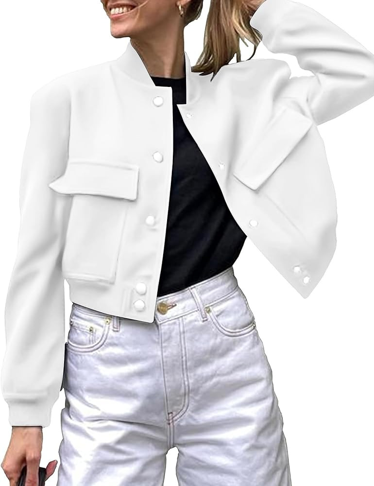 Zeagoo Women Bomber Jacket Casual Button Down Varsity Jackets Shackets With Pockets Outwear | Amazon (US)