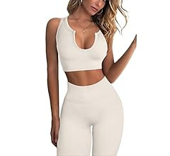 FAFOFA Workout Outfits for Women 2 Piece Ribbed Seamless Crop Tank High Waist Yoga Leggings Sets | Amazon (US)