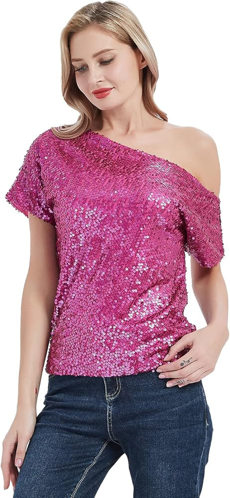 Anna-Kaci Womens Short Sleeve One Shoulder Sexy Sequin Top Blouse | Amazon (US)