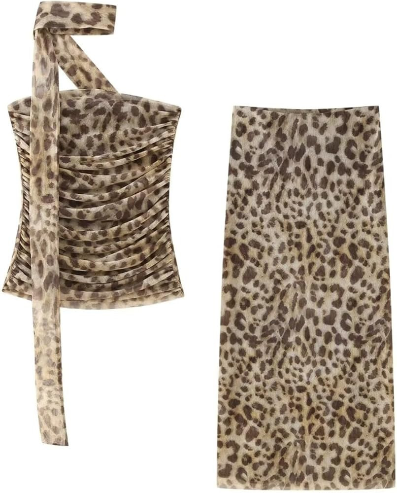2 Pice Set Leopard Print Mesh Tube Tops Maxi Skirt Cheetah Women Printed Pleated Crop Tops Sexy B... | Amazon (US)