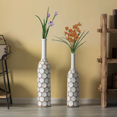 Decorative Contemporary Floor Vase White Carved Divot Bubble Design With Tall Neck, Set Of 2 | Wayfair North America
