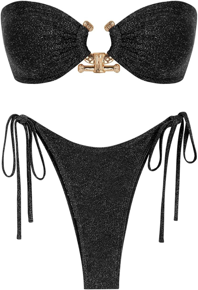ZAFUL Metal Ring Bandeau Bikini Set Tie Side Bathing Suit High Cut 2 Piece Swimsuit Cutout Swimwe... | Amazon (US)