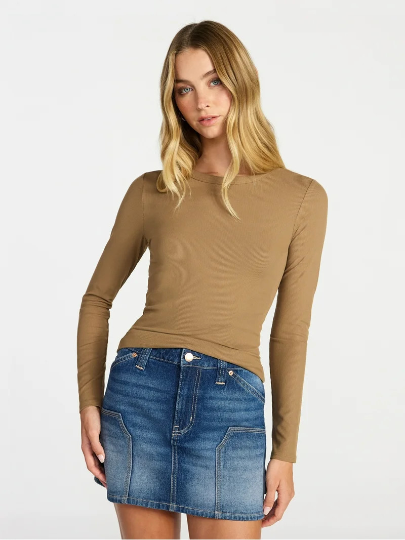 No Boundaries Crew Ribbed Tee with Long Sleeves, Women's XXS-XXL | Walmart (US)