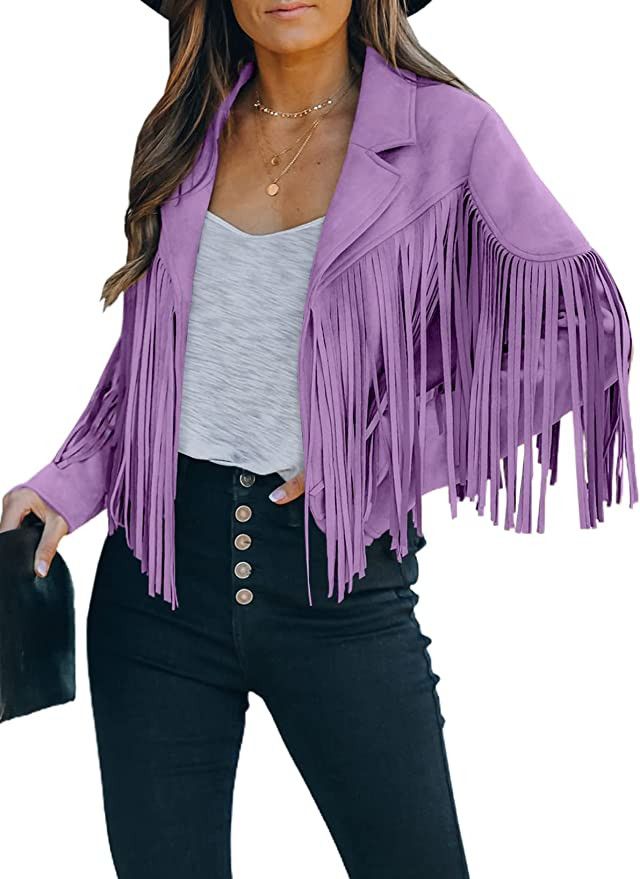 FARYSAYS Womens Cropped Fringe Faux Suede Leather Motorcycle Jackets | Amazon (US)