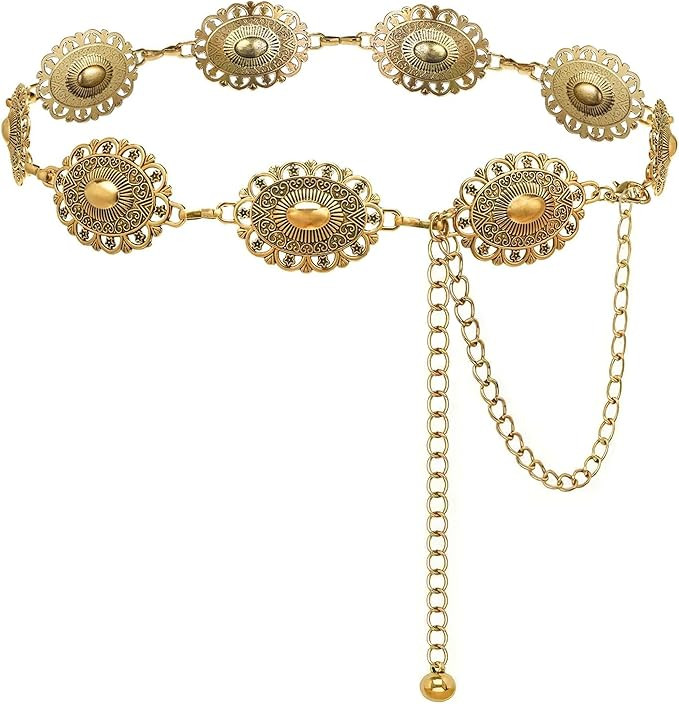 Western Concho Chain Belt for Women Boho Metal Belts For Country Concert Dresses Jeans Cowgirl Vi... | Amazon (US)