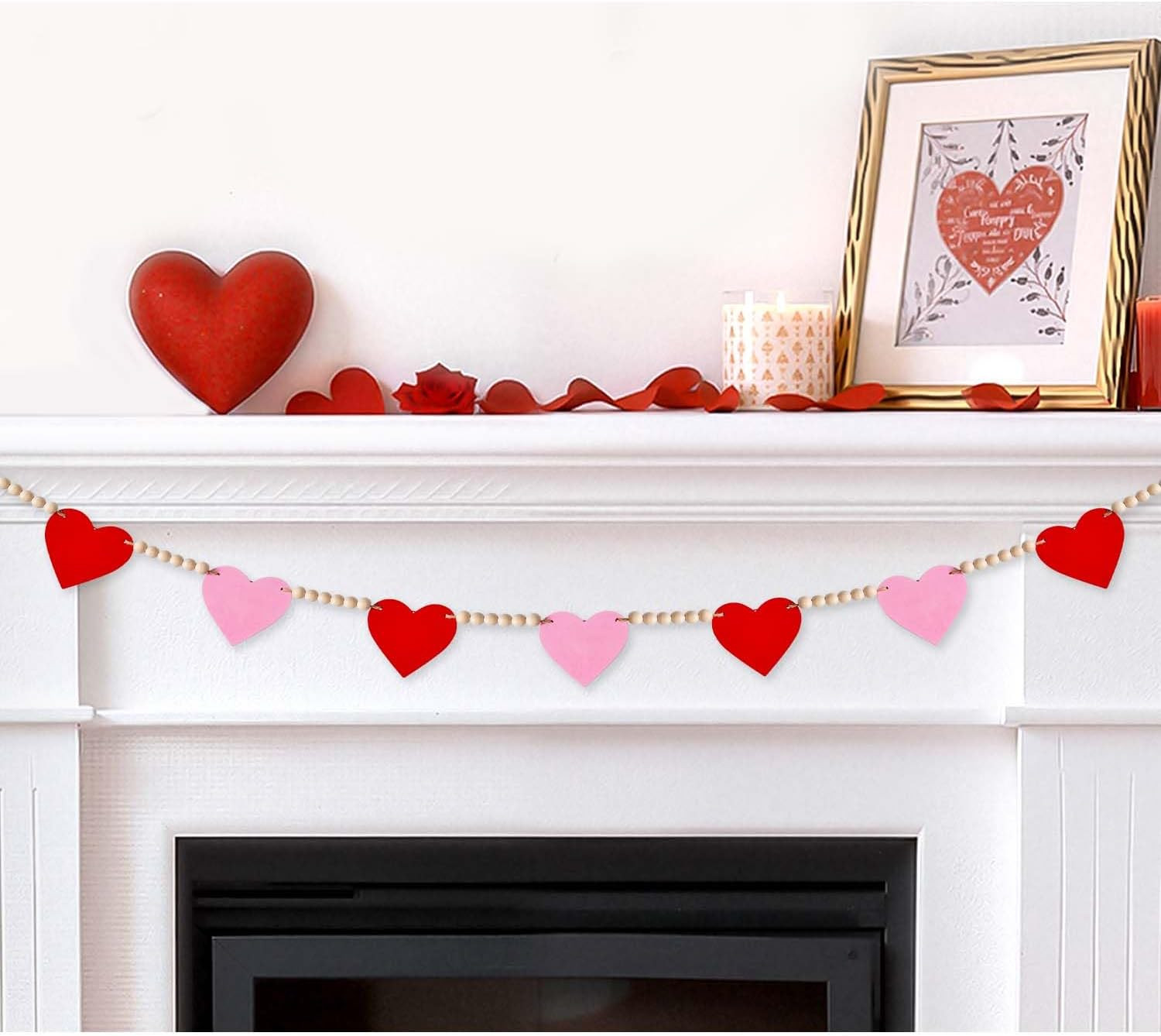 Valentines Day Decorations Valentines Decor NO DIY Wooden Red Pink Hearts with Bead Garland Banne... | Amazon (US)