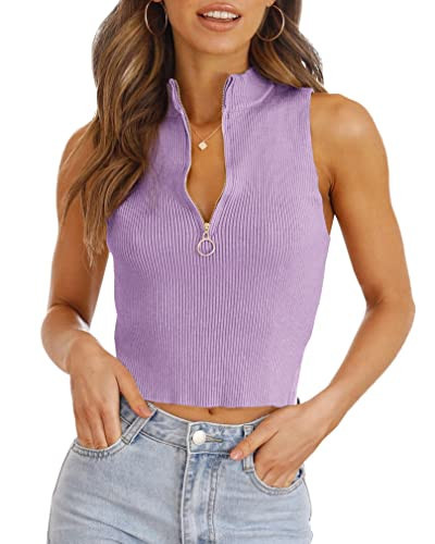 Imily Bela Womens Zipper Knit Crop Tops Going Out Fashion Sweater Tank Tops Sexy Y2k Sleeveless Shirts Purple | Amazon (US)