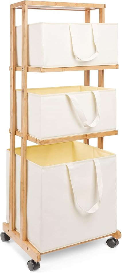 Homde Laundry Basket 3 Tier Bamboo Storage Shelf with Wheels Removable Storage Basket with Handle... | Amazon (US)
