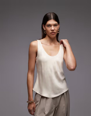 ASOS DESIGN satin scoop neck tank top in stone | ASOS | ASOS (Global)