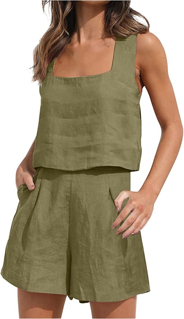 Gamivast Linen Shorts Sets Women 2 Piece Outfits Sleeveless Crop Tank Top High Waist Shorts Set w... | Amazon (US)