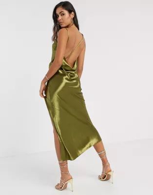 ASOS DESIGN cowl back strappy drape midaxi in olive | ASOS (Global)