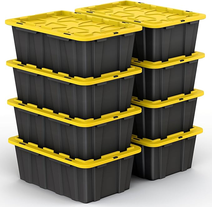 8 PACK of 12 Gallon Medium Black & Yellow Storage Bins | Plastic Tote Organizing Container with S... | Amazon (US)