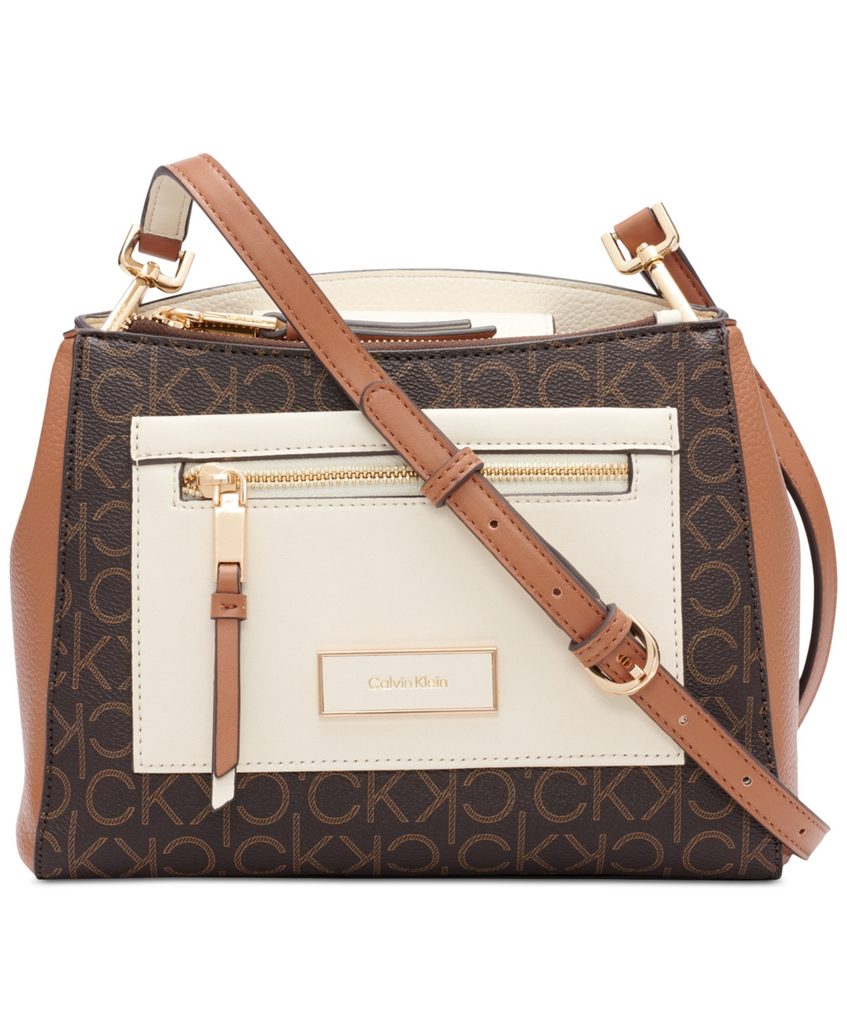 Calvin Klein Hadley Signature Colorblocked Adjustable Crossbody - Brown Khaki/Caramel/Cherub White | Macy's