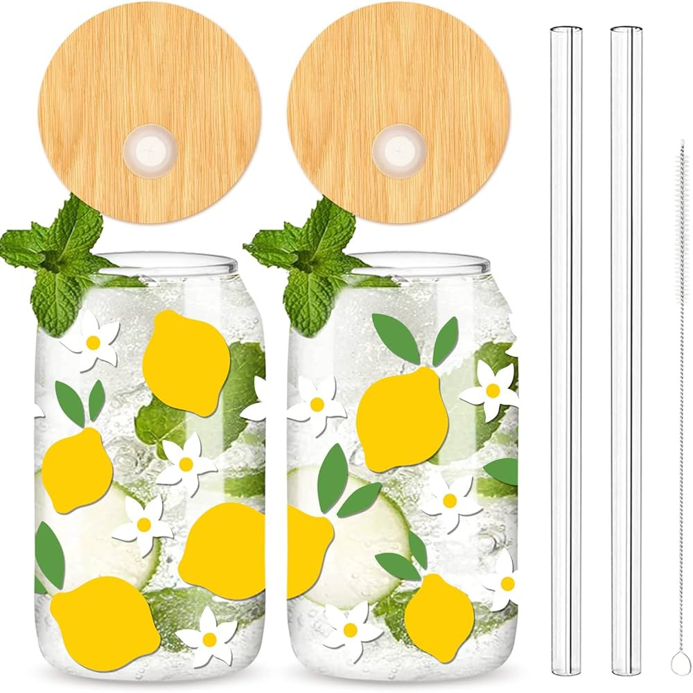 Whaline Lemon Daisy Glasses Cup with Bamboo Lids and Straw 16oz Summer Ice Coffee Cup Beer Can Gl... | Amazon (US)