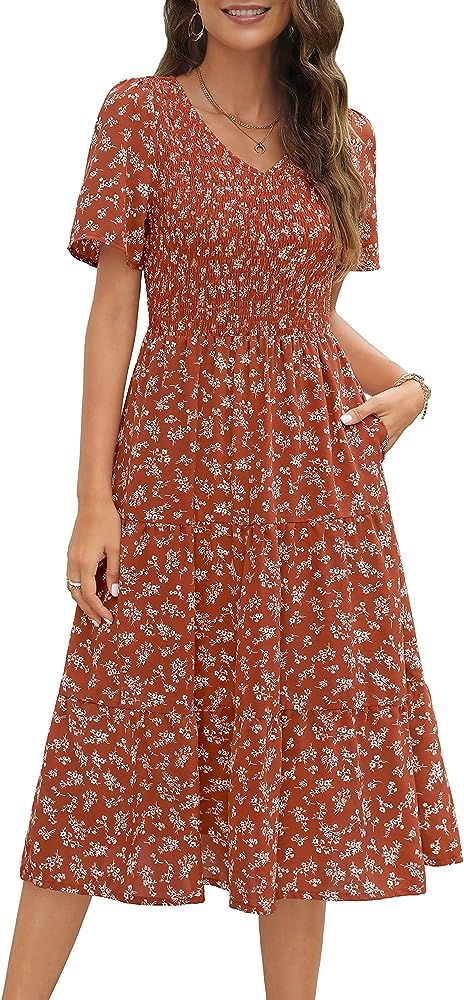 Annebouti 2023 Women's Summer Short Sleeve V Neck Boho Casual Floral/Solid Smocked Tiered Midi Dr... | Amazon (US)