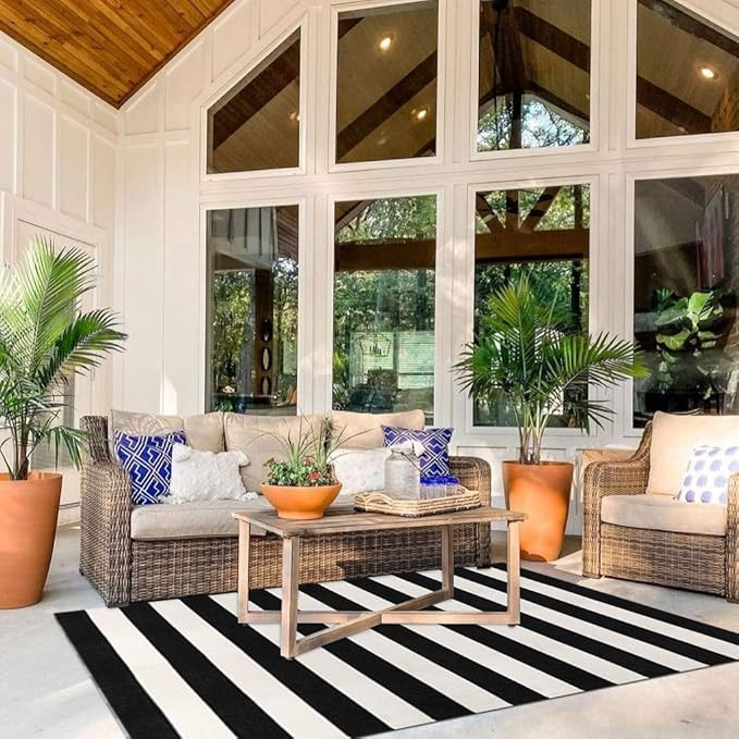 LEEVAN Black and White Striped Area Rug 4' x 6' Outdoor Porch Rug Doormat Farmhouse Fabric Porch ... | Amazon (US)