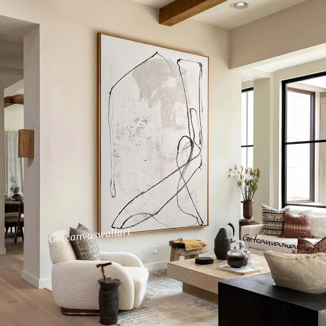 Minimalist Black Line Abstract Painting Large Beige & Black Textured Wall Art Beige Abstract Canv... | Etsy (US)