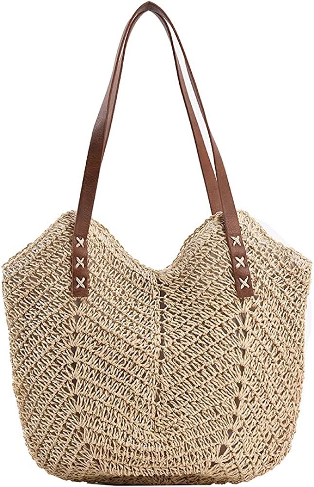 JQWSVE Straw Bag for Women Summer Beach Bag Soft Woven Tote Bag Large Rattan Shoulder Bag for Vac... | Amazon (US)