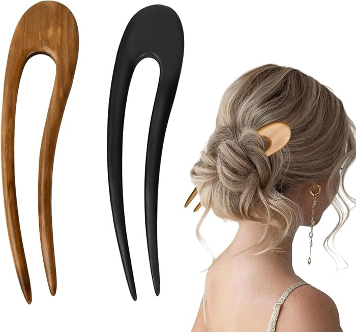 2 Pcs Wood U Shaped Hair Forks, 6 Inch Sandalwood Hair Pins, Handmade French Style Hair Sticks, 2... | Amazon (CA)