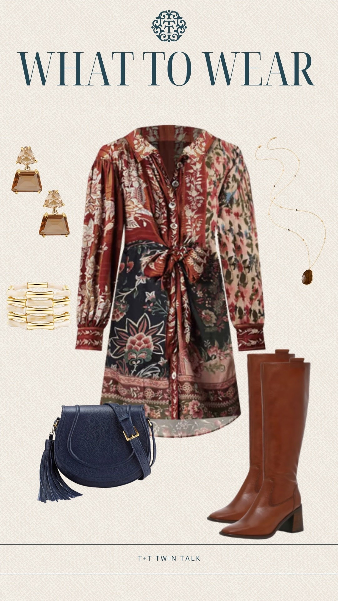What to wear on a dinner date! We love this patterned Farm Rio dress that would be perfect for fall. We added a pair of tall brown boots and a navy purse. For jewelry we accessorized with a brown pendent necklace from Anthropologie, a stacked bracelet set from Amazon, and brown jewel earrings. 

#LTKShoeCrush #LTKStyleTip #LTKItBag