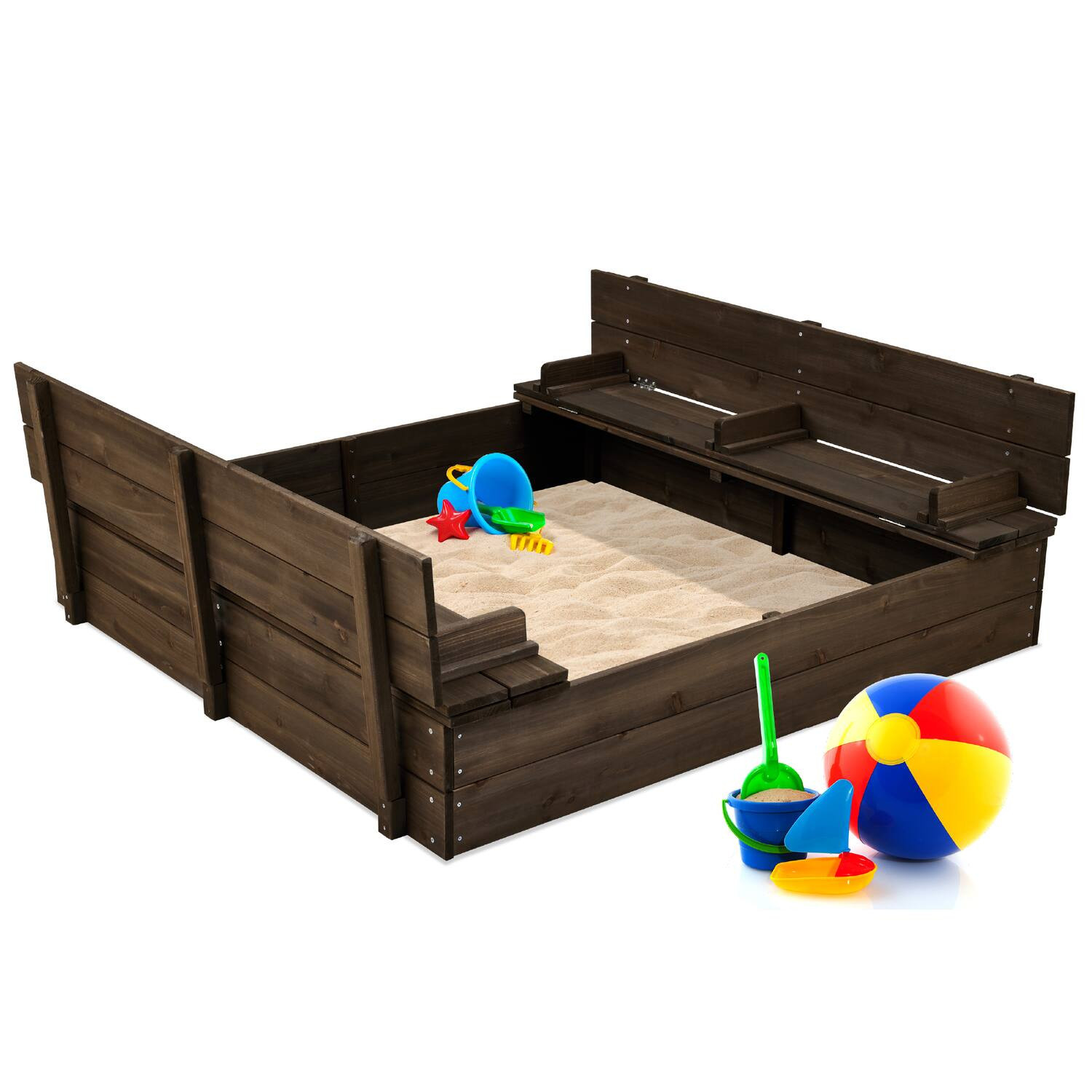 Best Choice Products - Large Outdoor Wooden Sandbox for Kids with Cover and Bench Seats Support up to 220 lbs - Espresso | Best Buy U.S.
