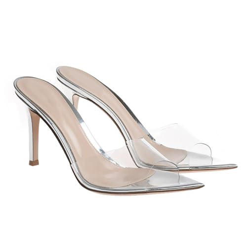 RYNKOMA Women'S Clear Pointed Open Toe Stiletto Heel Slide Sandals Fashion Sexy Slip On Transparent Strap High Heels Mules Summer Backless Party Wedding Prom Dress Shoes (Silver,5) | Amazon (US)
